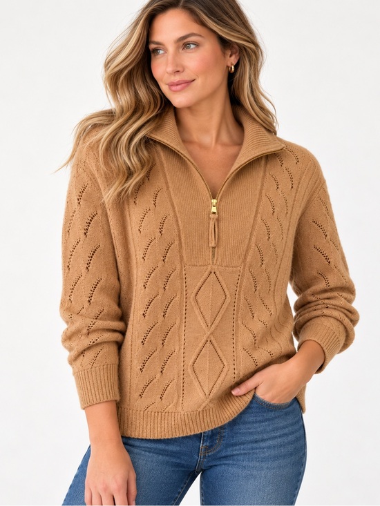 Talbots Sweaters - Talbots Petite Small Half Zip Sweater Camel Tan Openwork Knit NWT
